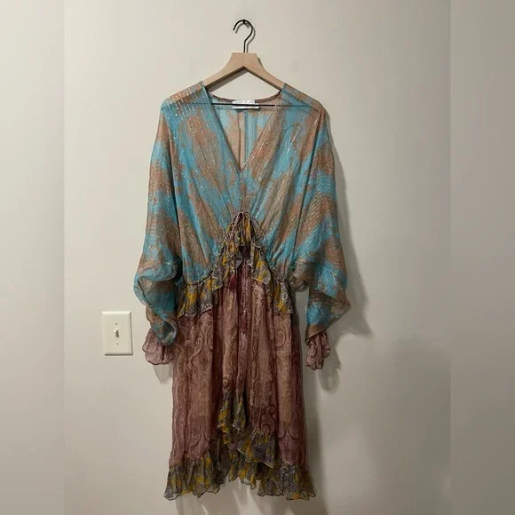 Zimmerman Realm Plunge Draw Bohemian Paisley Silk Ruffle High Low Dress Large